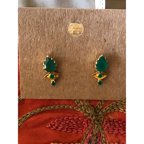 Green Onyx 24 KT Gold Over 925 Sterling Silver Post Fine Designer Jewelry - Picture 3 of 9